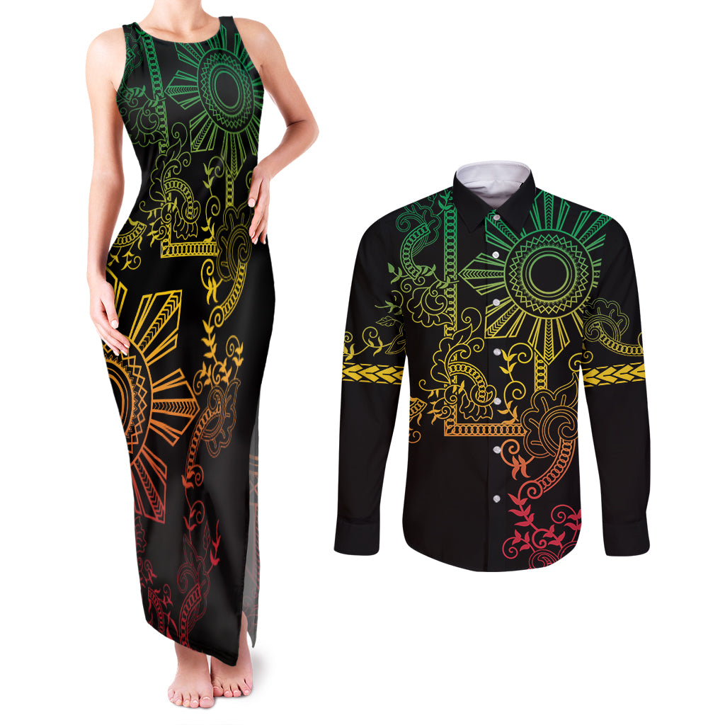 Filipino Sun Tribal Tattoo Couples Matching Tank Maxi Dress and Long Sleeve Button Shirt Philippines Inspired Barong Reggae Art LT9 - Wonder Print Shop