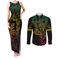 Filipino Sun Tribal Tattoo Couples Matching Tank Maxi Dress and Long Sleeve Button Shirt Philippines Inspired Barong Reggae Art LT9 - Wonder Print Shop
