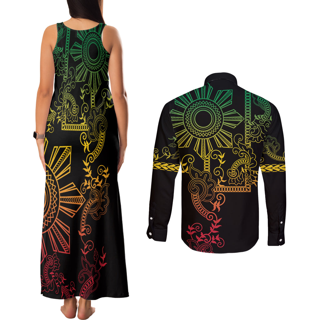 Filipino Sun Tribal Tattoo Couples Matching Tank Maxi Dress and Long Sleeve Button Shirt Philippines Inspired Barong Reggae Art LT9 - Wonder Print Shop