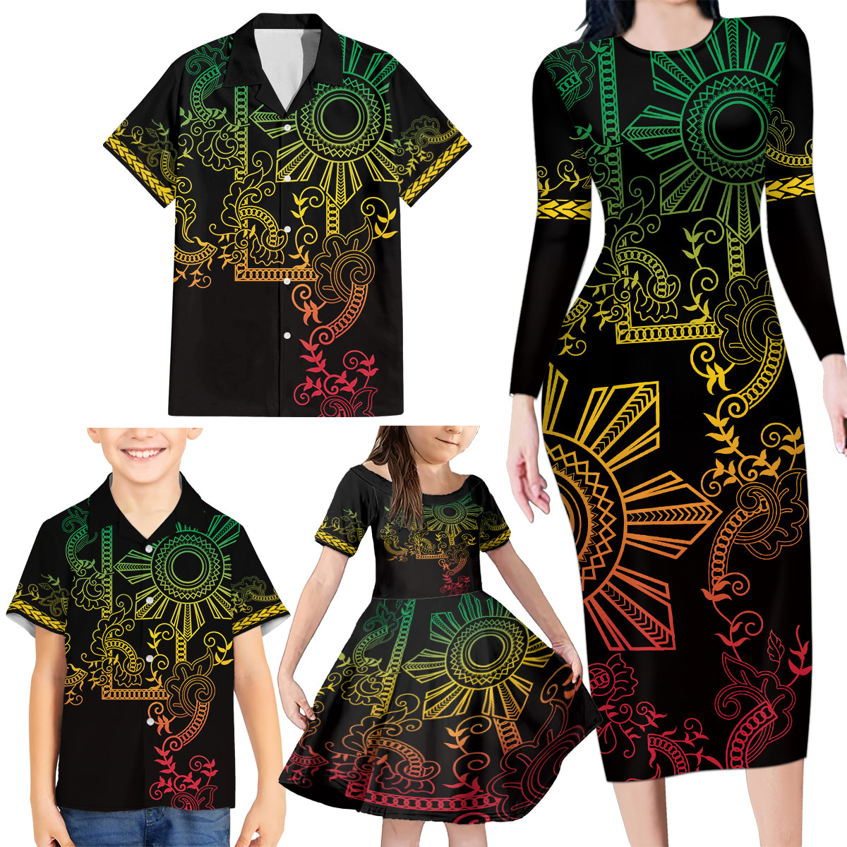Filipino Sun Tribal Tattoo Family Matching Long Sleeve Bodycon Dress and Hawaiian Shirt Philippines Inspired Barong Reggae Art LT9 - Wonder Print Shop