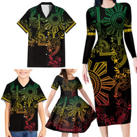 Filipino Sun Tribal Tattoo Family Matching Long Sleeve Bodycon Dress and Hawaiian Shirt Philippines Inspired Barong Reggae Art LT9 - Wonder Print Shop