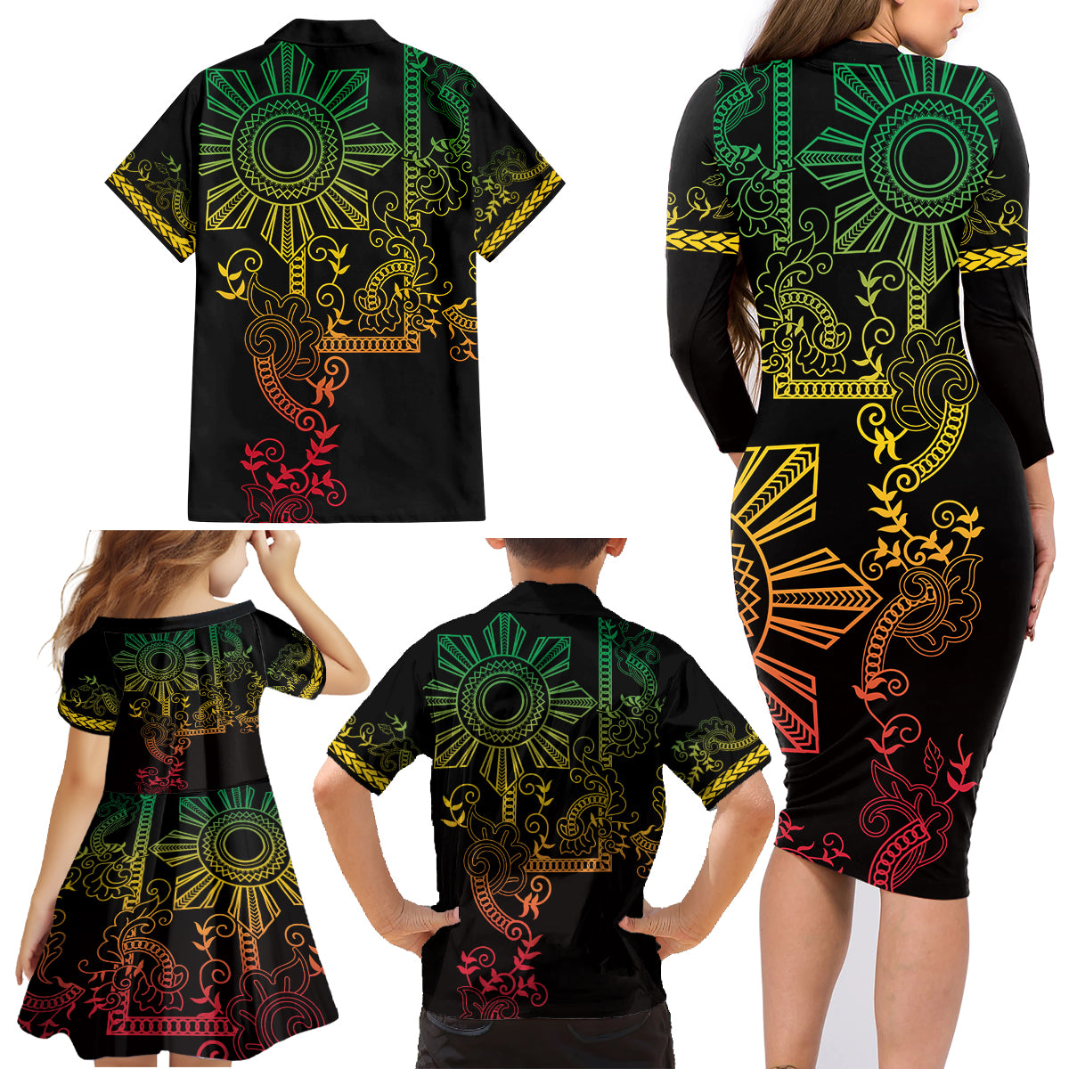 Filipino Sun Tribal Tattoo Family Matching Long Sleeve Bodycon Dress and Hawaiian Shirt Philippines Inspired Barong Reggae Art LT9 - Wonder Print Shop
