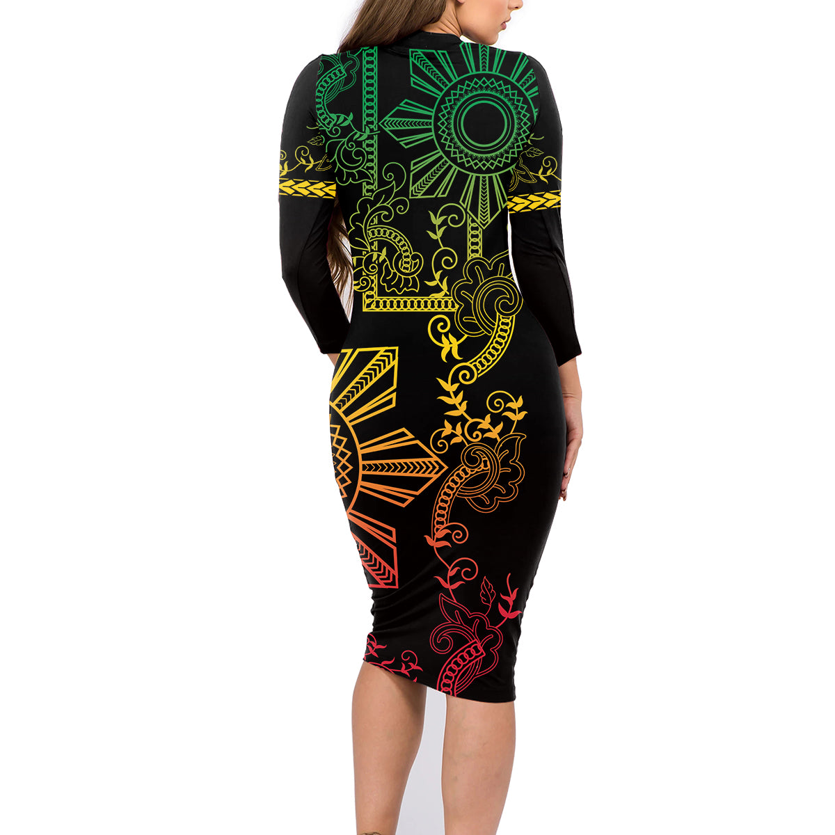 Filipino Sun Tribal Tattoo Family Matching Long Sleeve Bodycon Dress and Hawaiian Shirt Philippines Inspired Barong Reggae Art LT9 - Wonder Print Shop
