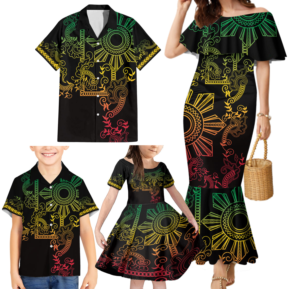 Filipino Sun Tribal Tattoo Family Matching Mermaid Dress and Hawaiian Shirt Philippines Inspired Barong Reggae Art LT9 - Wonder Print Shop