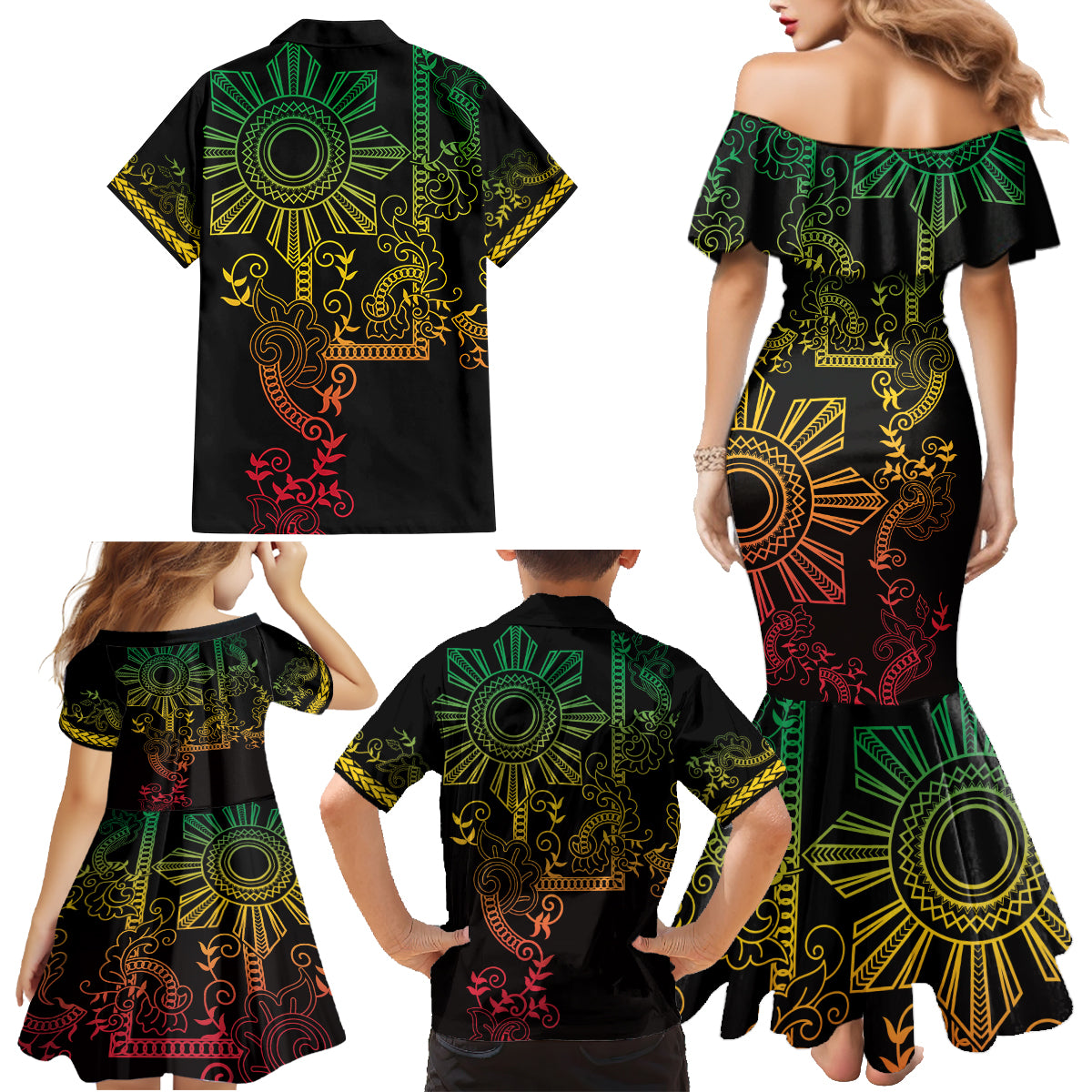 Filipino Sun Tribal Tattoo Family Matching Mermaid Dress and Hawaiian Shirt Philippines Inspired Barong Reggae Art LT9 - Wonder Print Shop