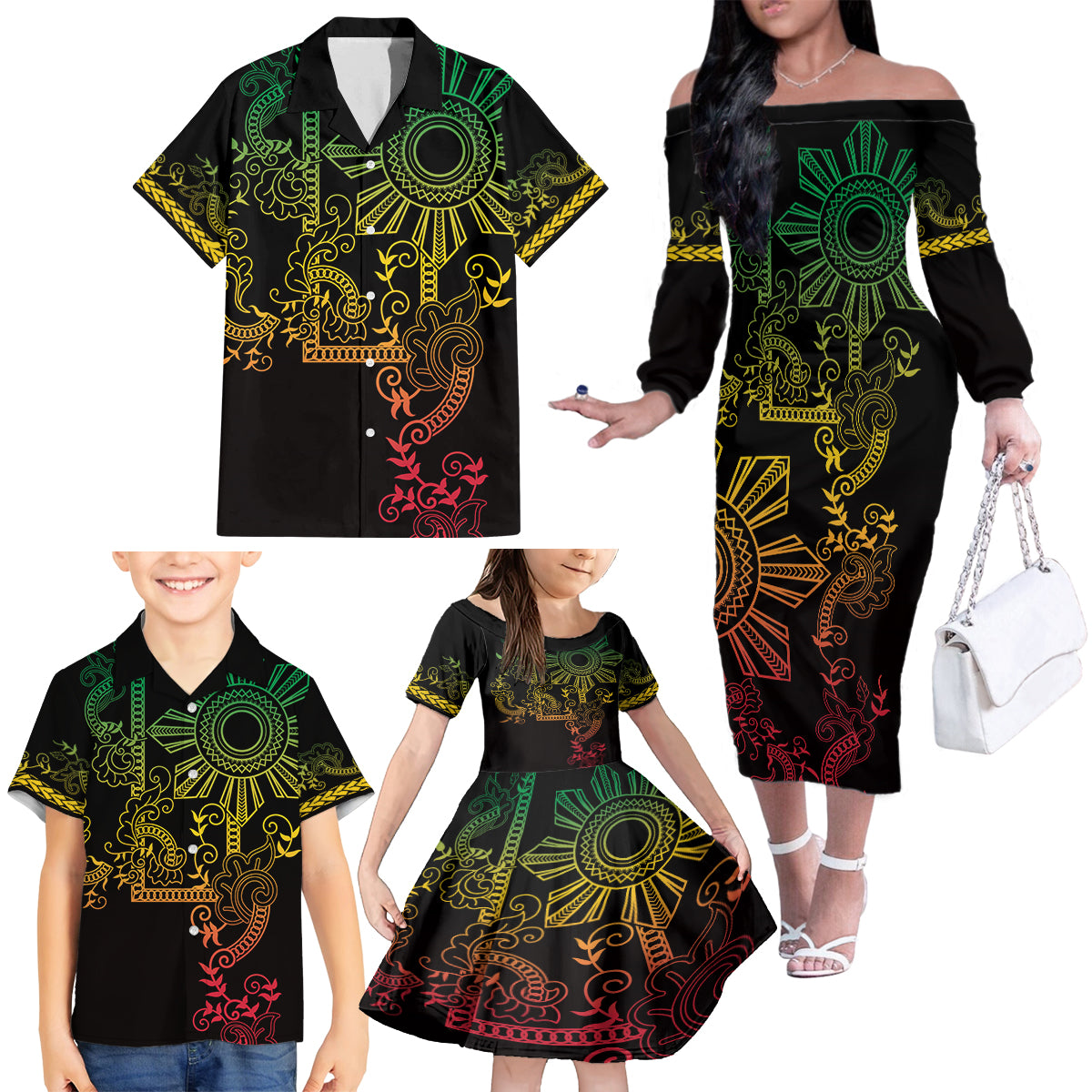Filipino Sun Tribal Tattoo Family Matching Off The Shoulder Long Sleeve Dress and Hawaiian Shirt Philippines Inspired Barong Reggae Art - Wonder Print Shop