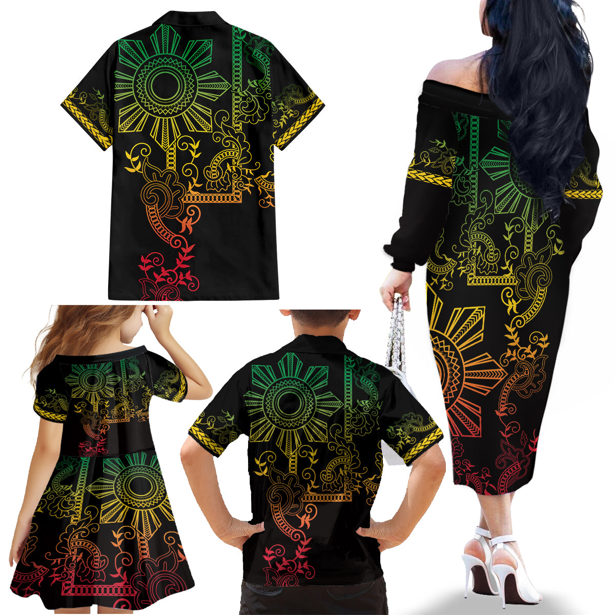 Filipino Sun Tribal Tattoo Family Matching Off The Shoulder Long Sleeve Dress and Hawaiian Shirt Philippines Inspired Barong Reggae Art - Wonder Print Shop