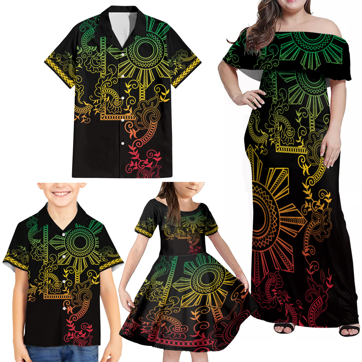 Filipino Sun Tribal Tattoo Family Matching Off Shoulder Maxi Dress and Hawaiian Shirt Philippines Inspired Barong Reggae Art LT9 - Wonder Print Shop