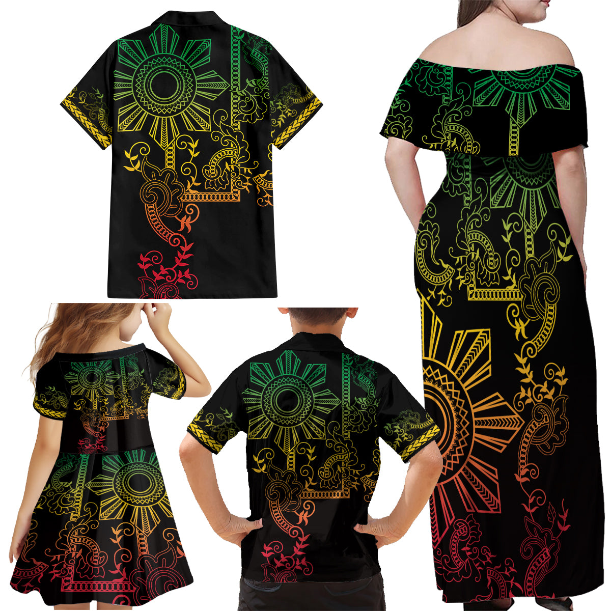 Filipino Sun Tribal Tattoo Family Matching Off Shoulder Maxi Dress and Hawaiian Shirt Philippines Inspired Barong Reggae Art LT9 - Wonder Print Shop