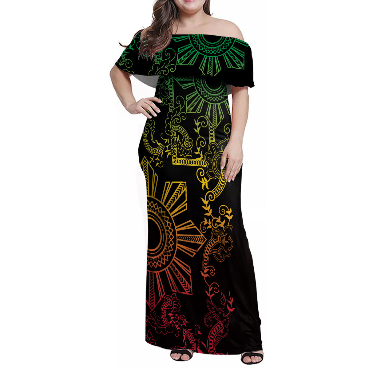 Filipino Sun Tribal Tattoo Family Matching Off Shoulder Maxi Dress and Hawaiian Shirt Philippines Inspired Barong Reggae Art LT9 - Wonder Print Shop