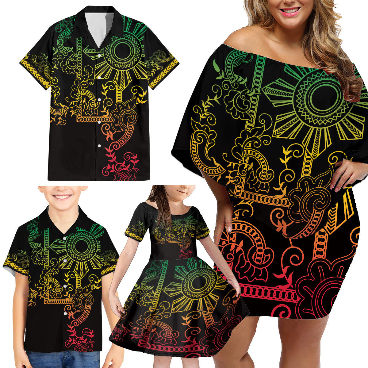 Filipino Sun Tribal Tattoo Family Matching Off Shoulder Short Dress and Hawaiian Shirt Philippines Inspired Barong Reggae Art LT9 - Wonder Print Shop