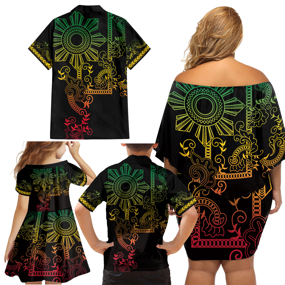 Filipino Sun Tribal Tattoo Family Matching Off Shoulder Short Dress and Hawaiian Shirt Philippines Inspired Barong Reggae Art LT9 - Wonder Print Shop