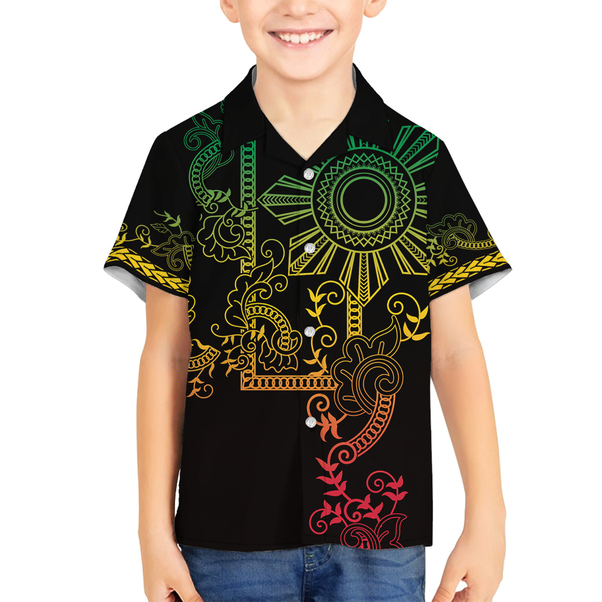 Filipino Sun Tribal Tattoo Family Matching Off Shoulder Short Dress and Hawaiian Shirt Philippines Inspired Barong Reggae Art LT9 - Wonder Print Shop