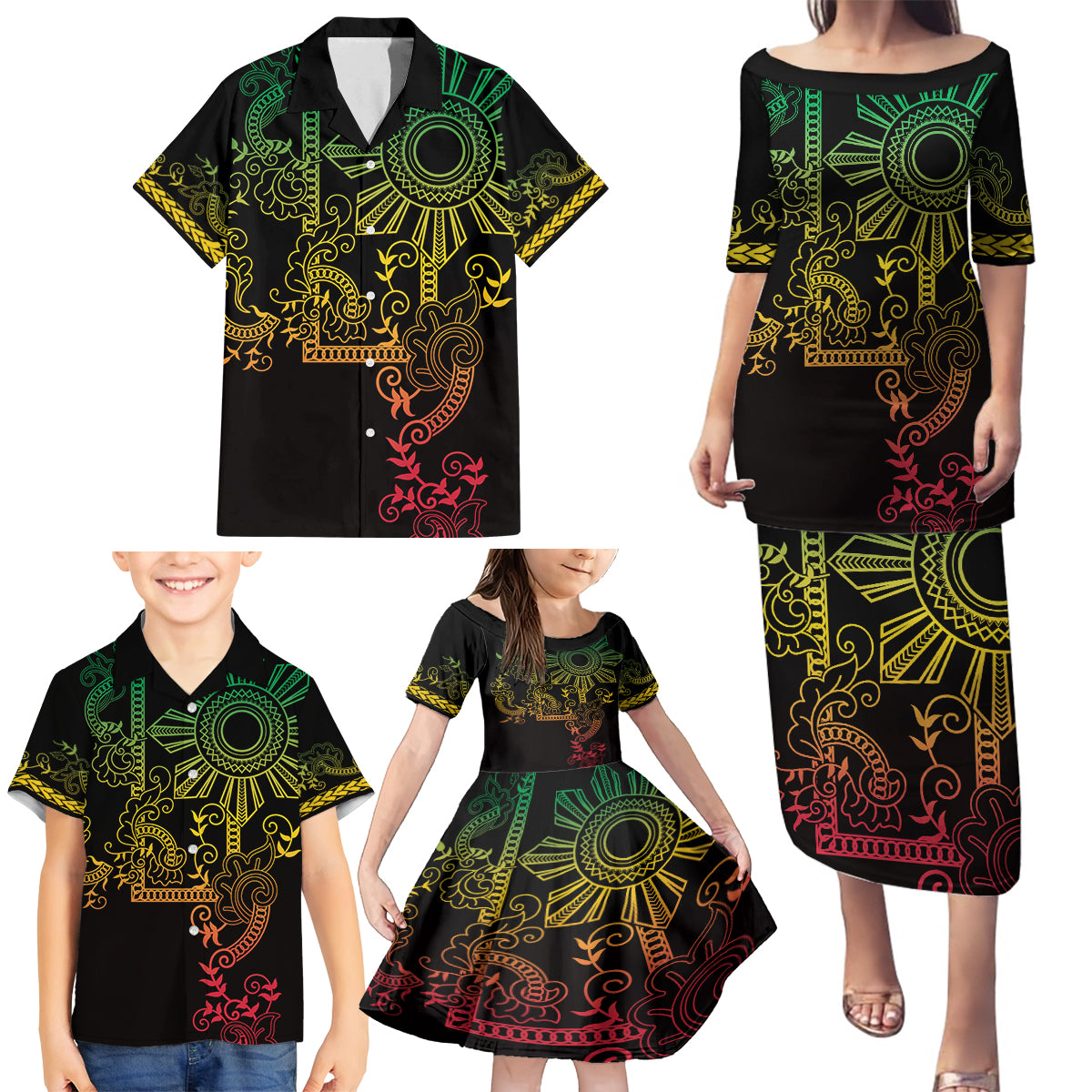 Filipino Sun Tribal Tattoo Family Matching Puletasi and Hawaiian Shirt Philippines Inspired Barong Reggae Art - Wonder Print Shop