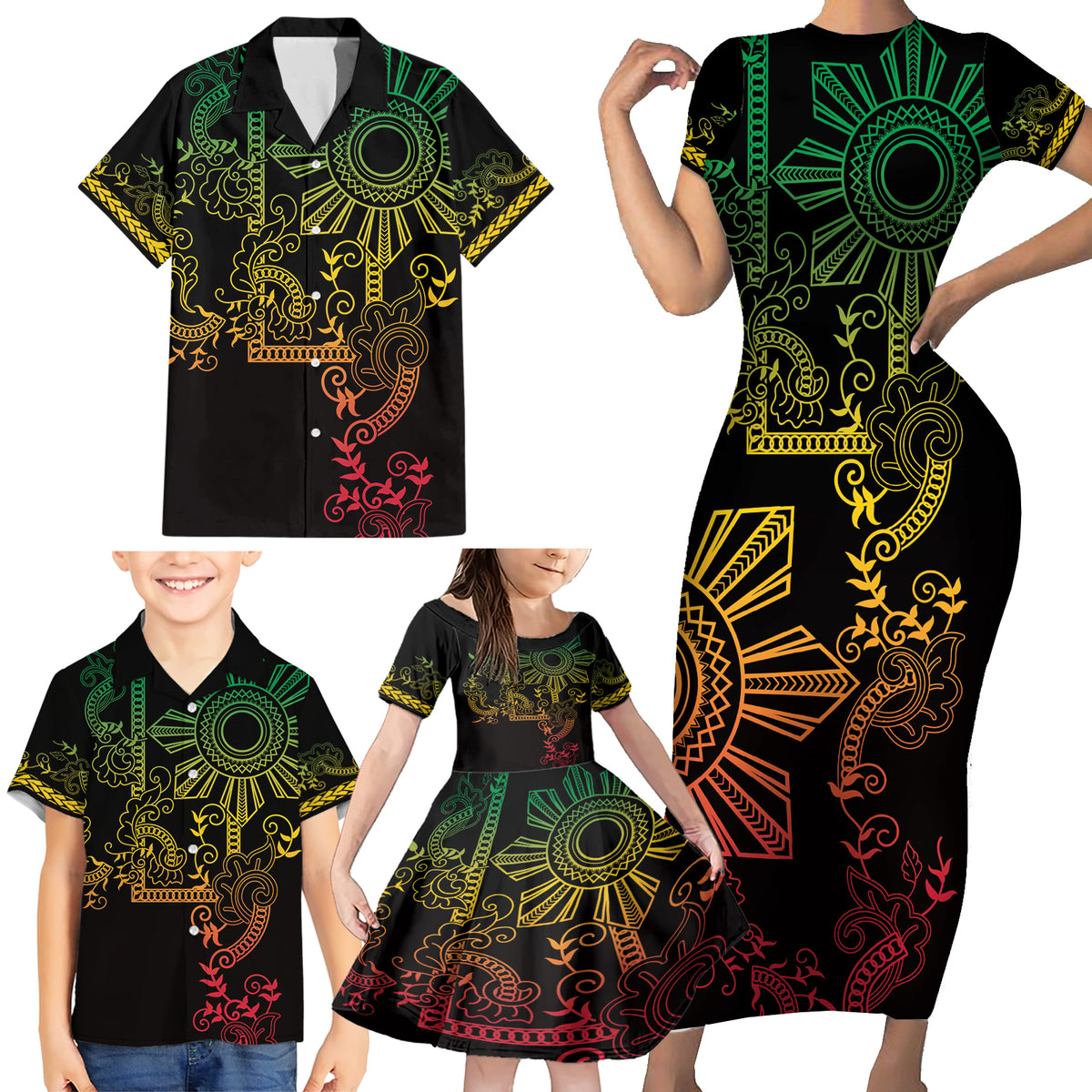Filipino Sun Tribal Tattoo Family Matching Short Sleeve Bodycon Dress and Hawaiian Shirt Philippines Inspired Barong Reggae Art - Wonder Print Shop
