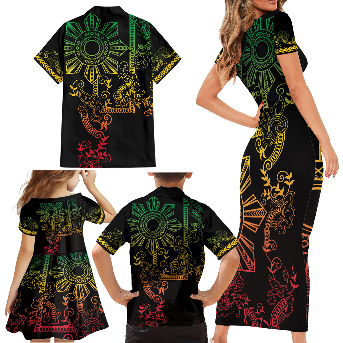 Filipino Sun Tribal Tattoo Family Matching Short Sleeve Bodycon Dress and Hawaiian Shirt Philippines Inspired Barong Reggae Art - Wonder Print Shop