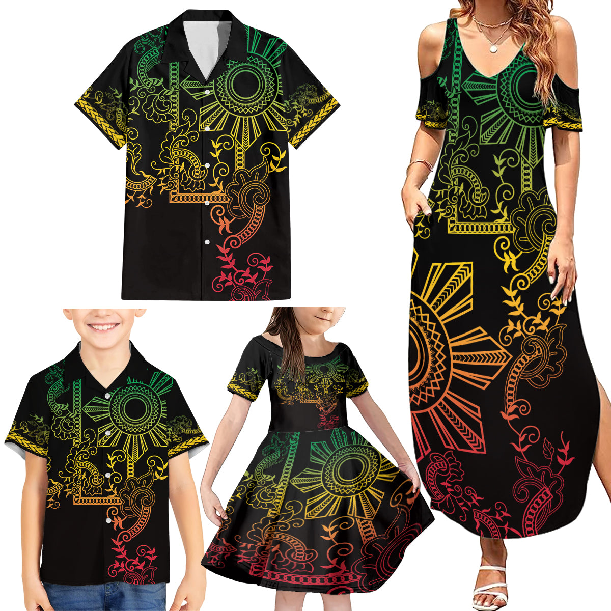 Filipino Sun Tribal Tattoo Family Matching Summer Maxi Dress and Hawaiian Shirt Philippines Inspired Barong Reggae Art - Wonder Print Shop