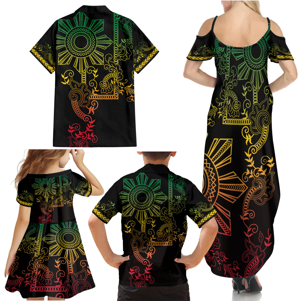 Filipino Sun Tribal Tattoo Family Matching Summer Maxi Dress and Hawaiian Shirt Philippines Inspired Barong Reggae Art - Wonder Print Shop