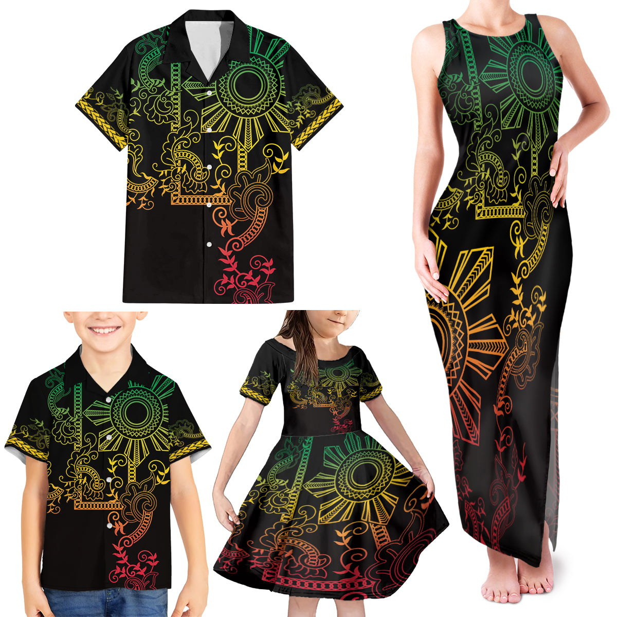 Filipino Sun Tribal Tattoo Family Matching Tank Maxi Dress and Hawaiian Shirt Philippines Inspired Barong Reggae Art - Wonder Print Shop