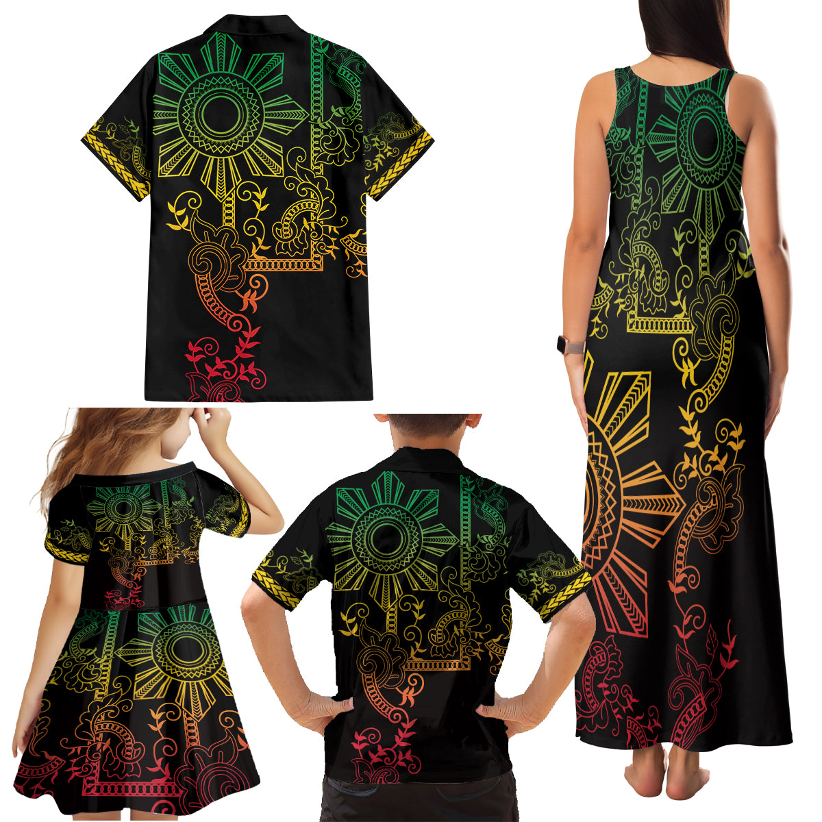 Filipino Sun Tribal Tattoo Family Matching Tank Maxi Dress and Hawaiian Shirt Philippines Inspired Barong Reggae Art - Wonder Print Shop