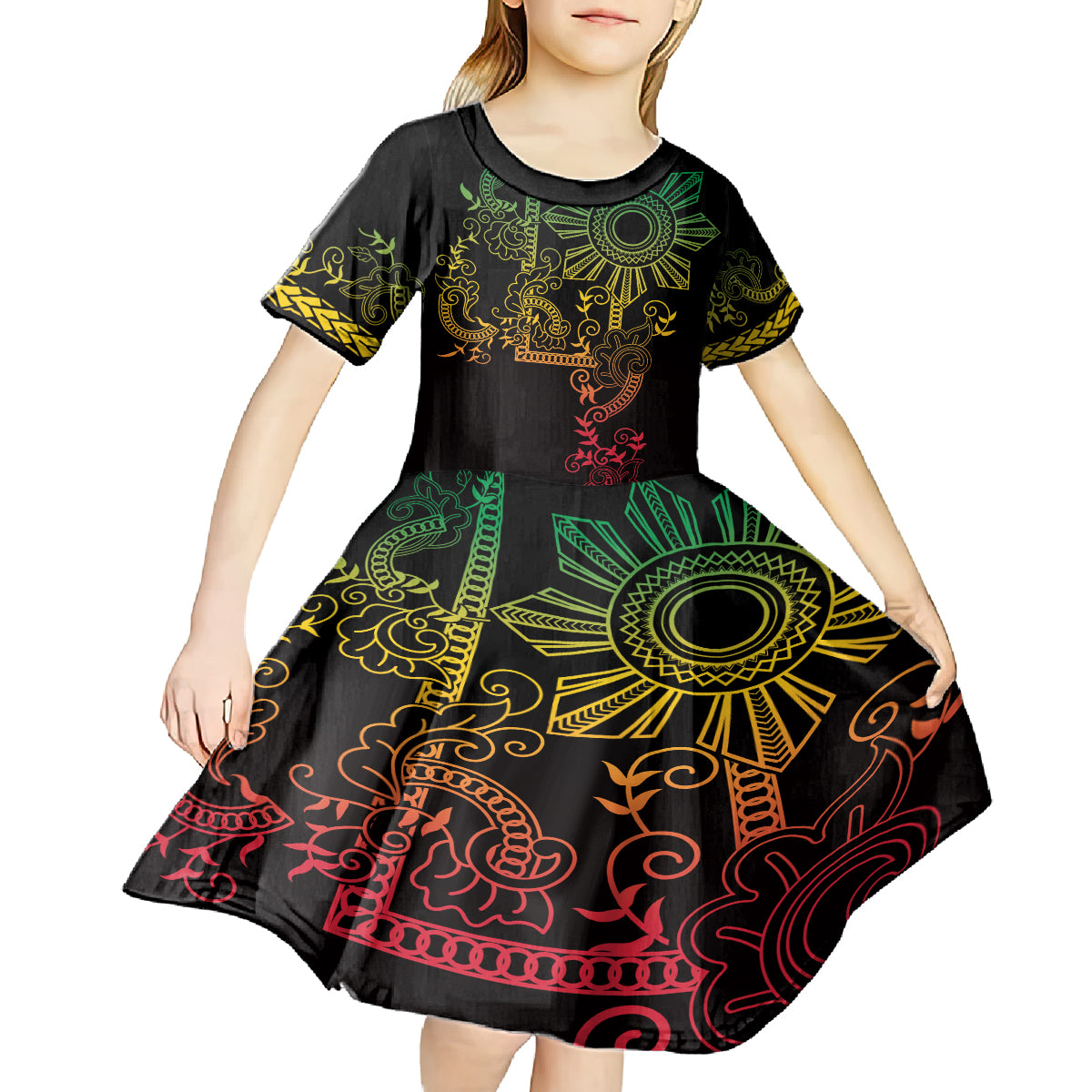 Filipino Sun Tribal Tattoo Kid Short Sleeve Dress Philippines Inspired Barong Reggae Art - Wonder Print Shop