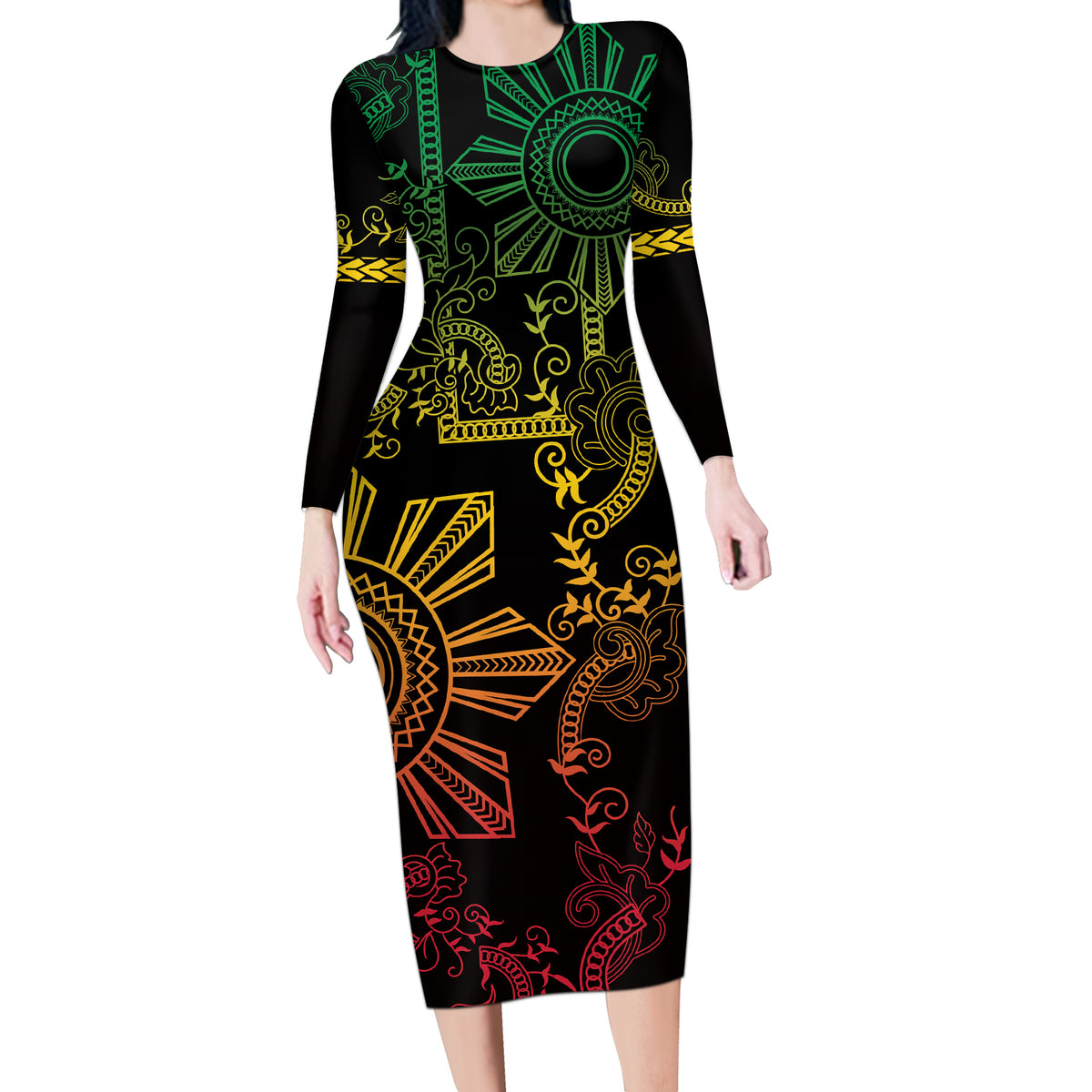 Filipino Sun Tribal Tattoo Long Sleeve Bodycon Dress Philippines Inspired Barong Reggae Art - Wonder Print Shop
