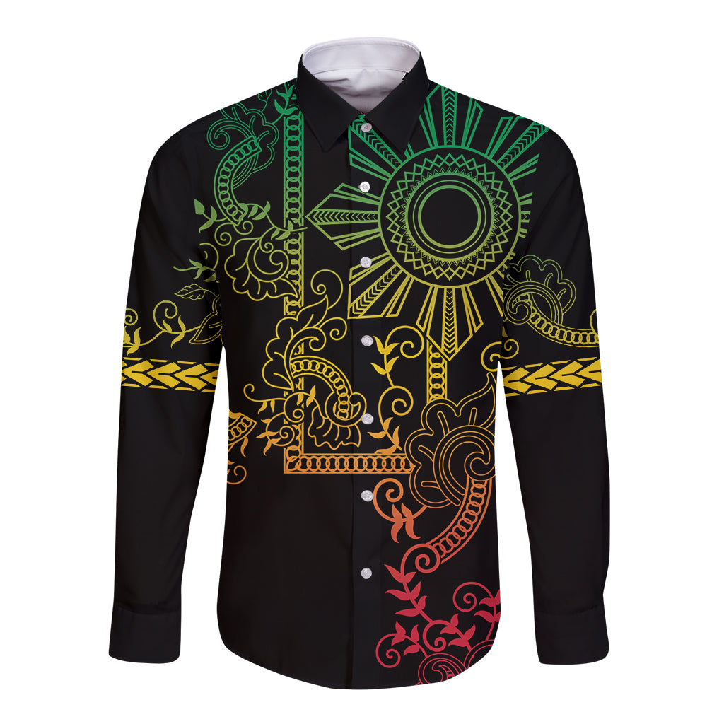 Filipino Sun Tribal Tattoo Long Sleeve Button Shirt Philippines Inspired Barong Reggae Art - Wonder Print Shop