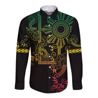 Filipino Sun Tribal Tattoo Long Sleeve Button Shirt Philippines Inspired Barong Reggae Art - Wonder Print Shop
