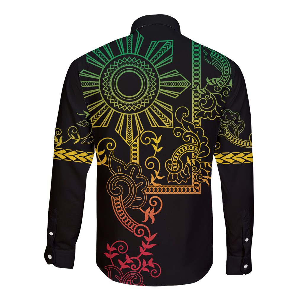 Filipino Sun Tribal Tattoo Long Sleeve Button Shirt Philippines Inspired Barong Reggae Art - Wonder Print Shop