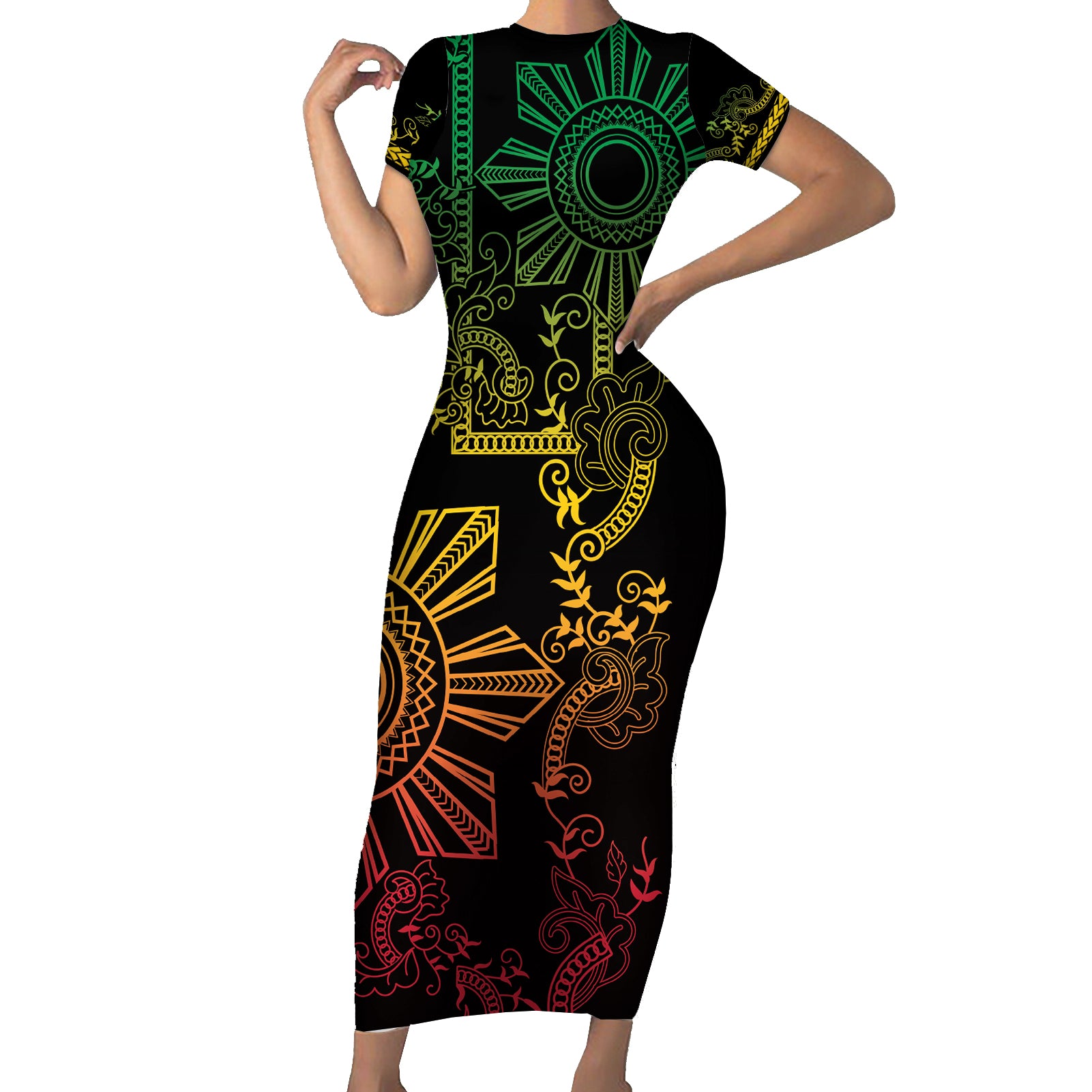 Filipino Sun Tribal Tattoo Short Sleeve Bodycon Dress Philippines Inspired Barong Reggae Art - Wonder Print Shop
