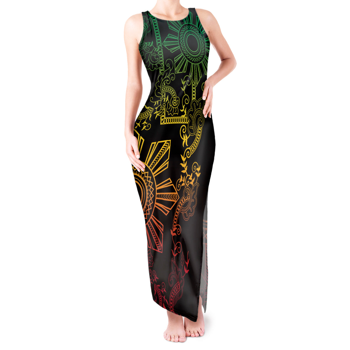 Filipino Sun Tribal Tattoo Tank Maxi Dress Philippines Inspired Barong Reggae Art - Wonder Print Shop