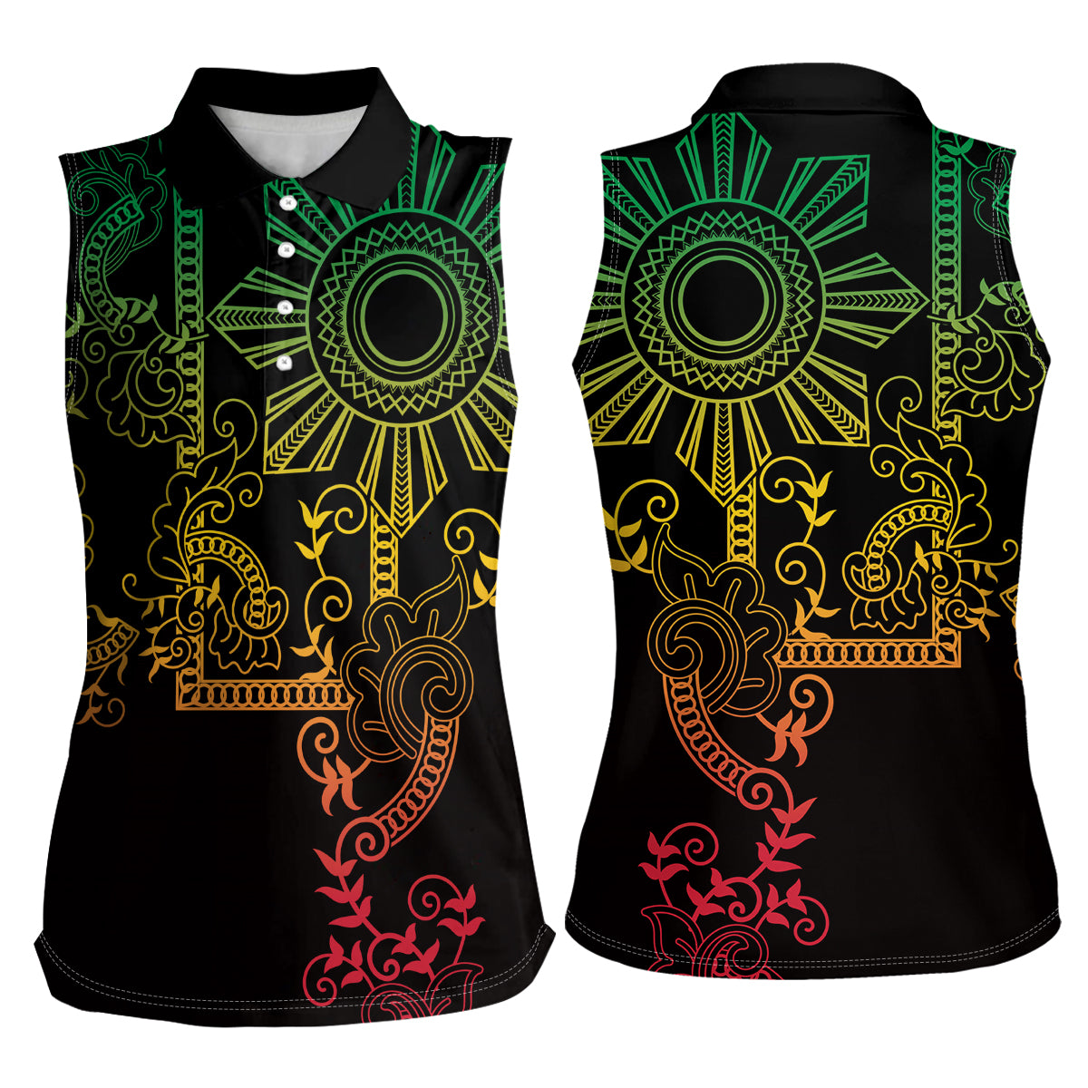 Filipino Sun Tribal Tattoo Women Sleeveless Polo Shirt Philippines Inspired Barong Reggae Art - Wonder Print Shop