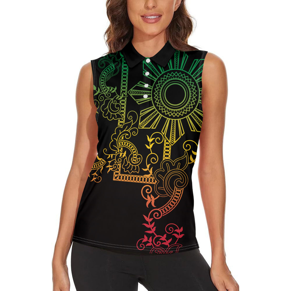 Filipino Sun Tribal Tattoo Women Sleeveless Polo Shirt Philippines Inspired Barong Reggae Art - Wonder Print Shop