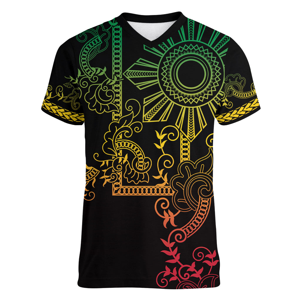 Filipino Sun Tribal Tattoo Women V-Neck T-Shirt Philippines Inspired Barong Reggae Art - Wonder Print Shop