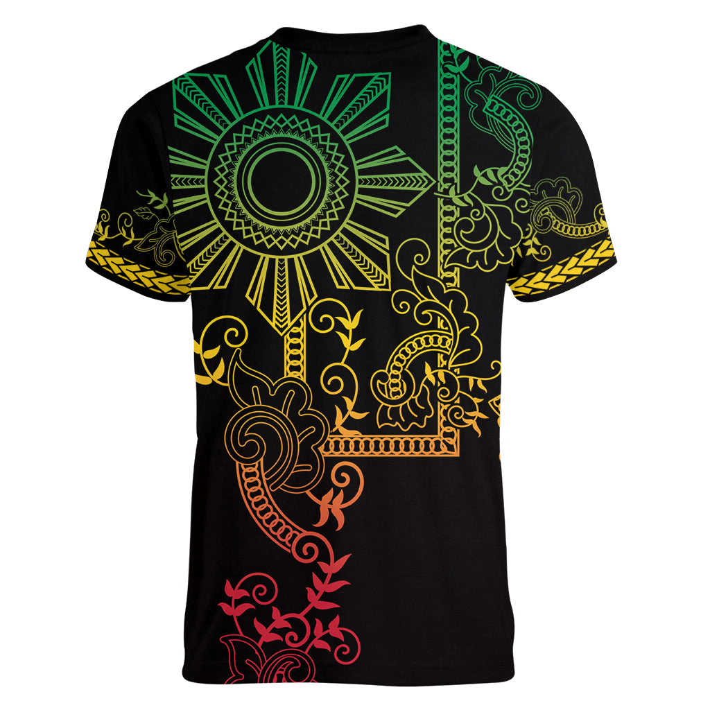 Filipino Sun Tribal Tattoo Women V-Neck T-Shirt Philippines Inspired Barong Reggae Art - Wonder Print Shop