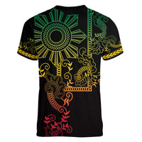 Filipino Sun Tribal Tattoo Women V-Neck T-Shirt Philippines Inspired Barong Reggae Art - Wonder Print Shop