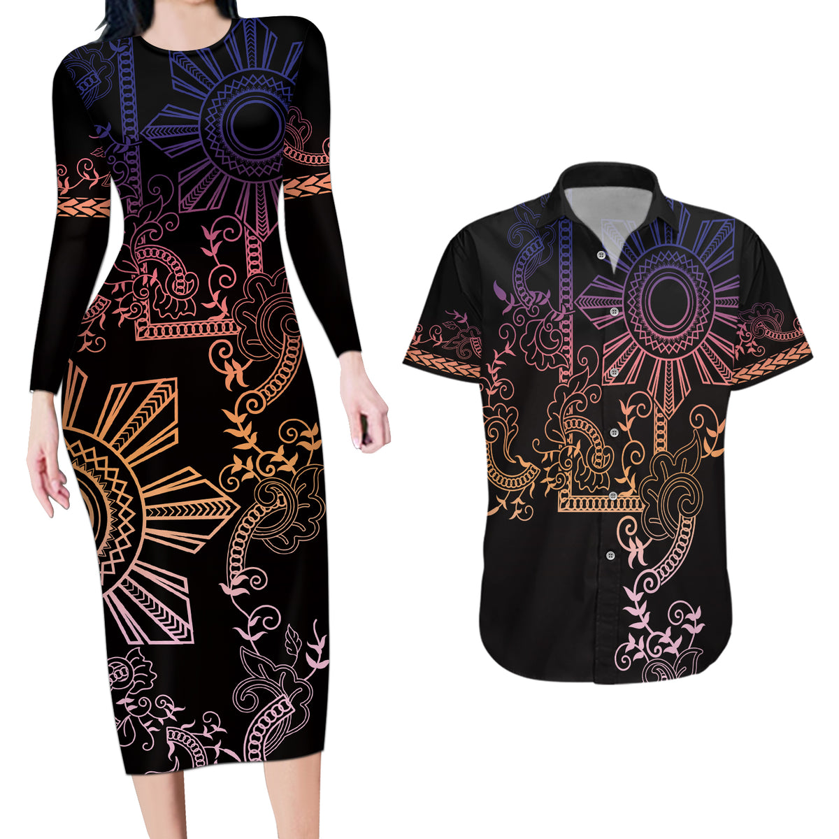 Filipino Sun Tribal Tattoo Couples Matching Long Sleeve Bodycon Dress and Hawaiian Shirt Philippines Inspired Barong Pink Art LT9 - Wonder Print Shop
