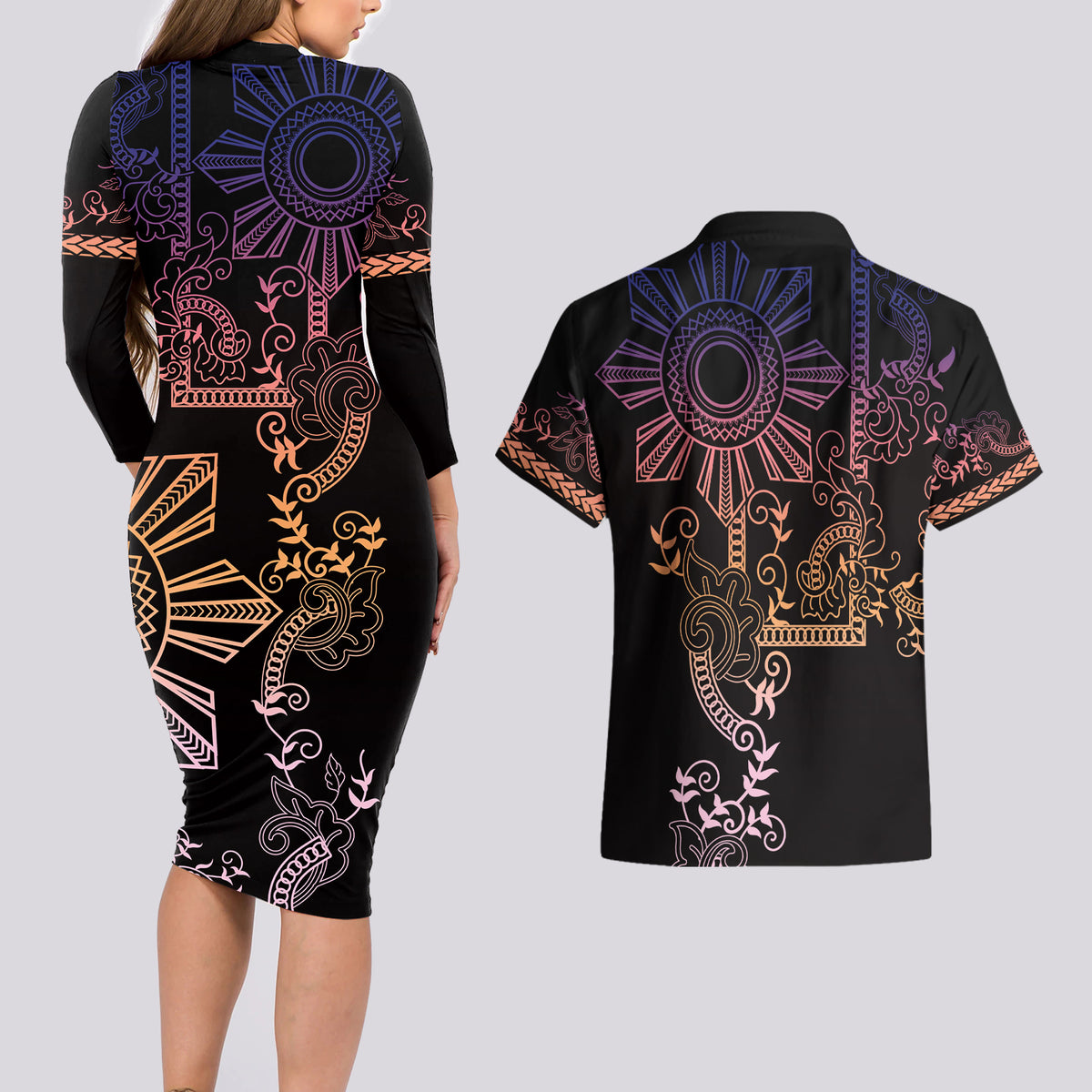Filipino Sun Tribal Tattoo Couples Matching Long Sleeve Bodycon Dress and Hawaiian Shirt Philippines Inspired Barong Pink Art LT9 - Wonder Print Shop