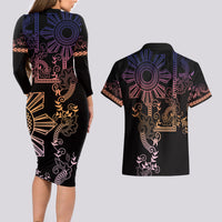 Filipino Sun Tribal Tattoo Couples Matching Long Sleeve Bodycon Dress and Hawaiian Shirt Philippines Inspired Barong Pink Art LT9 - Wonder Print Shop