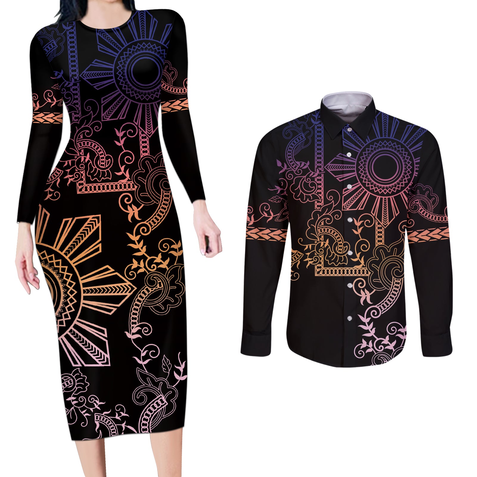 Filipino Sun Tribal Tattoo Couples Matching Long Sleeve Bodycon Dress and Long Sleeve Button Shirt Philippines Inspired Barong Pink Art LT9 - Wonder Print Shop