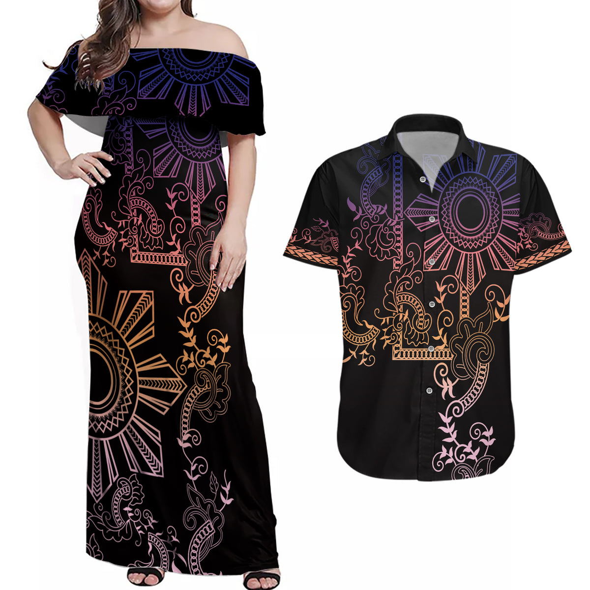 Filipino Sun Tribal Tattoo Couples Matching Off Shoulder Maxi Dress and Hawaiian Shirt Philippines Inspired Barong Pink Art LT9 - Wonder Print Shop