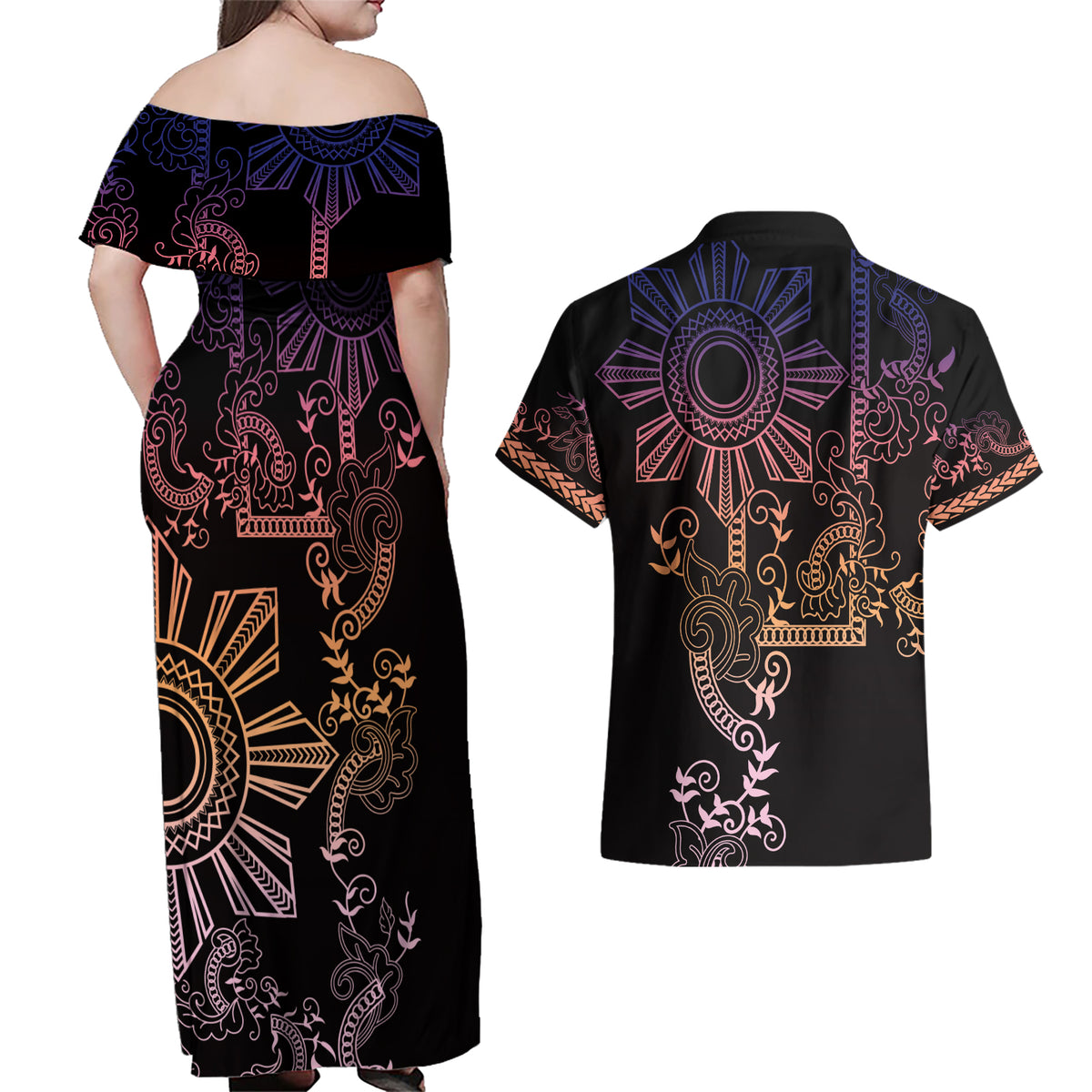 Filipino Sun Tribal Tattoo Couples Matching Off Shoulder Maxi Dress and Hawaiian Shirt Philippines Inspired Barong Pink Art LT9 - Wonder Print Shop