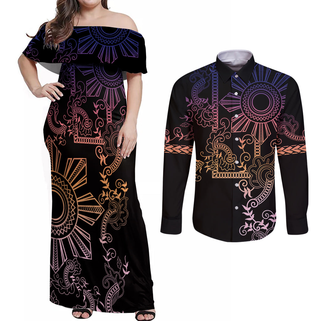 Filipino Sun Tribal Tattoo Couples Matching Off Shoulder Maxi Dress and Long Sleeve Button Shirt Philippines Inspired Barong Pink Art LT9 - Wonder Print Shop