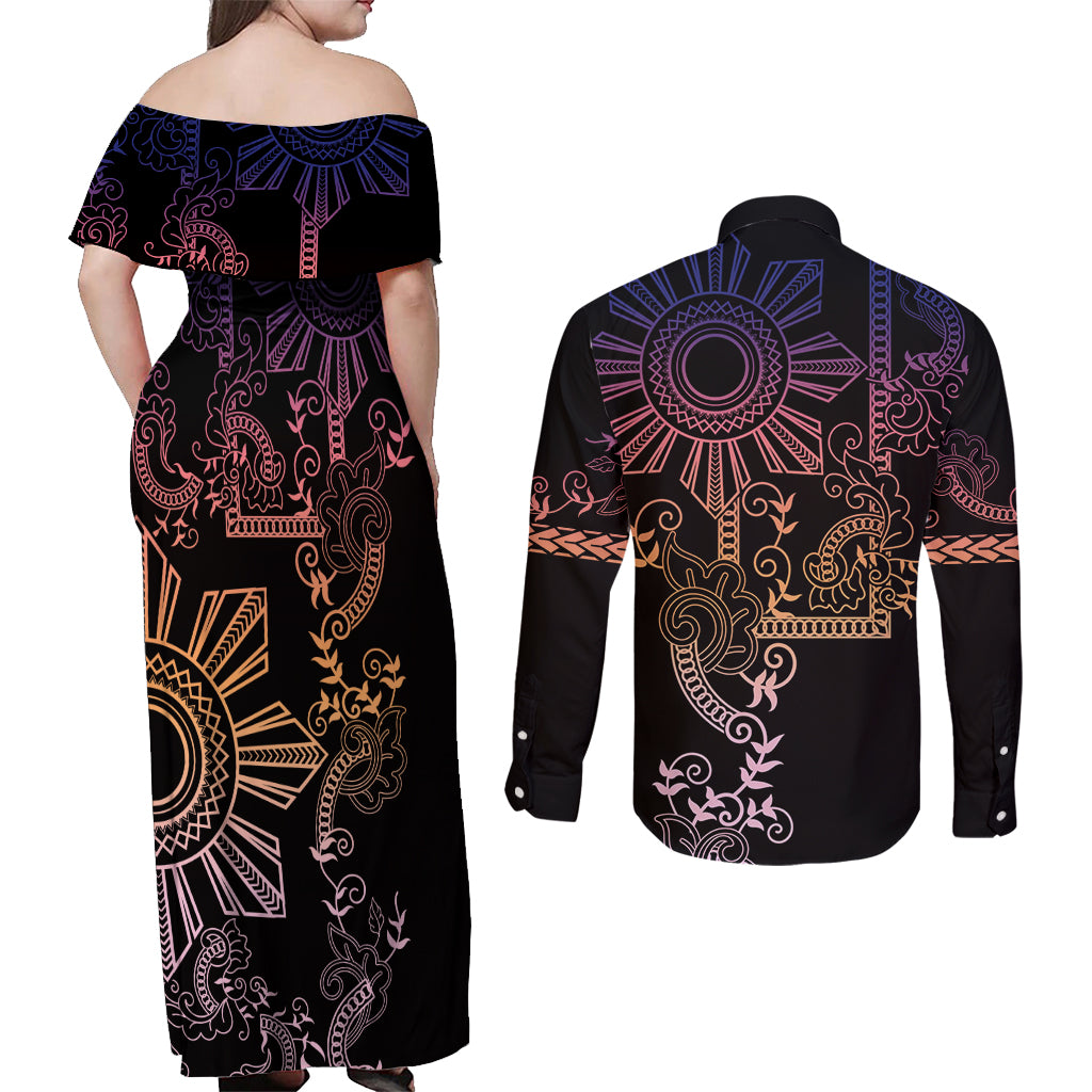 Filipino Sun Tribal Tattoo Couples Matching Off Shoulder Maxi Dress and Long Sleeve Button Shirt Philippines Inspired Barong Pink Art LT9 - Wonder Print Shop