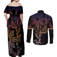 Filipino Sun Tribal Tattoo Couples Matching Off Shoulder Maxi Dress and Long Sleeve Button Shirt Philippines Inspired Barong Pink Art LT9 - Wonder Print Shop