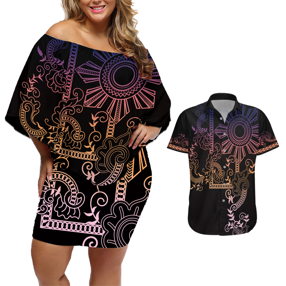 Filipino Sun Tribal Tattoo Couples Matching Off Shoulder Short Dress and Hawaiian Shirt Philippines Inspired Barong Pink Art LT9 - Wonder Print Shop