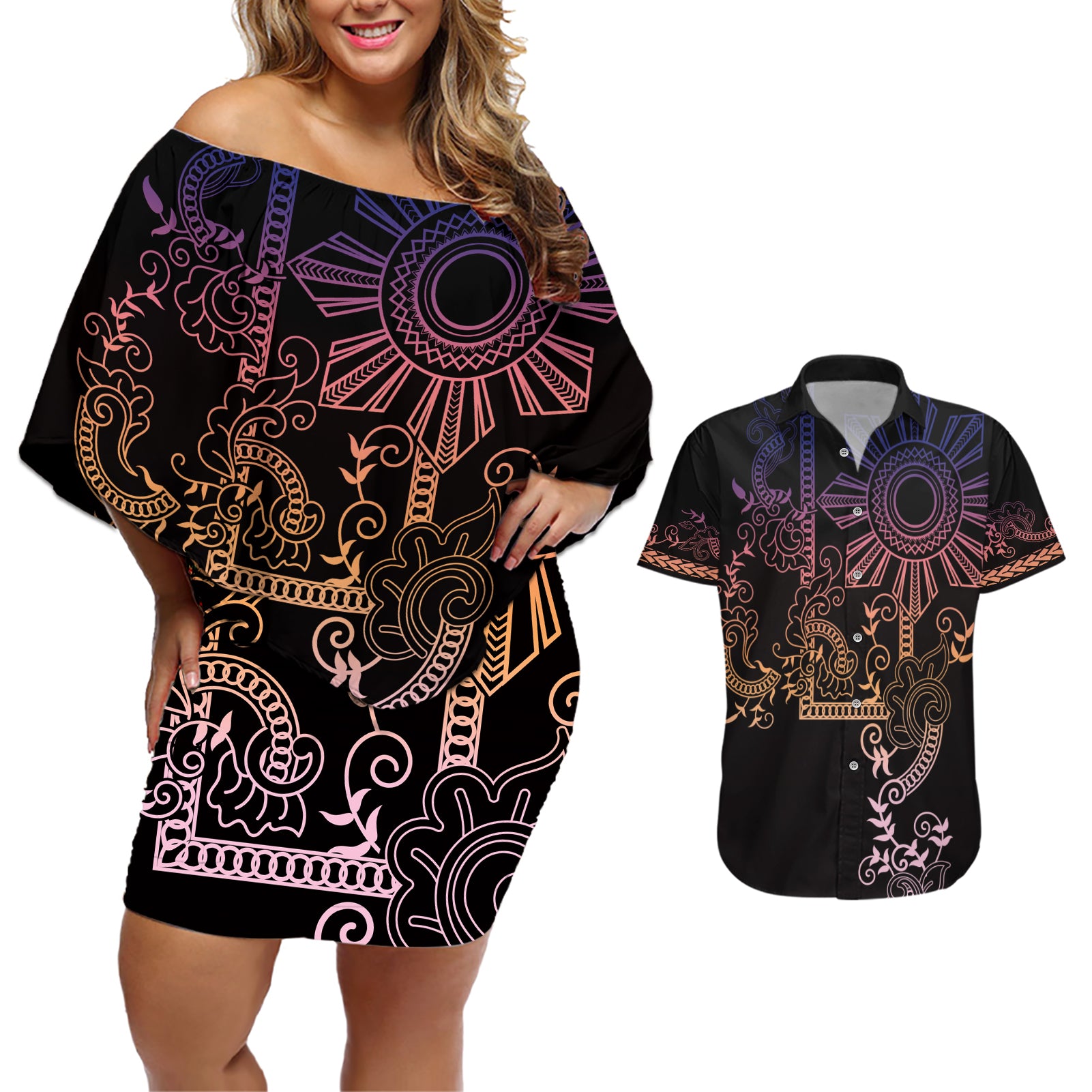 Filipino Sun Tribal Tattoo Couples Matching Off Shoulder Short Dress and Hawaiian Shirt Philippines Inspired Barong Pink Art LT9 - Wonder Print Shop