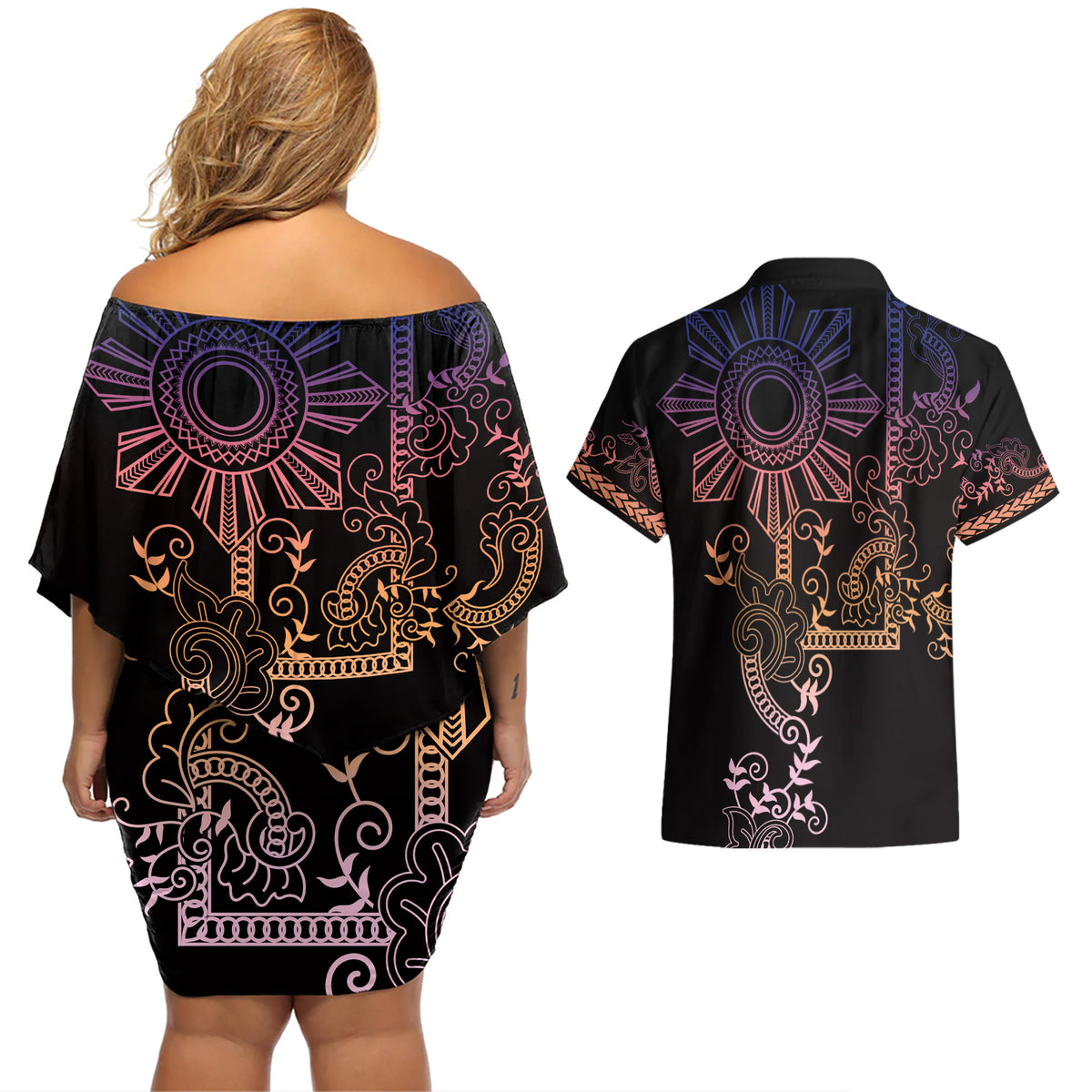Filipino Sun Tribal Tattoo Couples Matching Off Shoulder Short Dress and Hawaiian Shirt Philippines Inspired Barong Pink Art LT9 - Wonder Print Shop