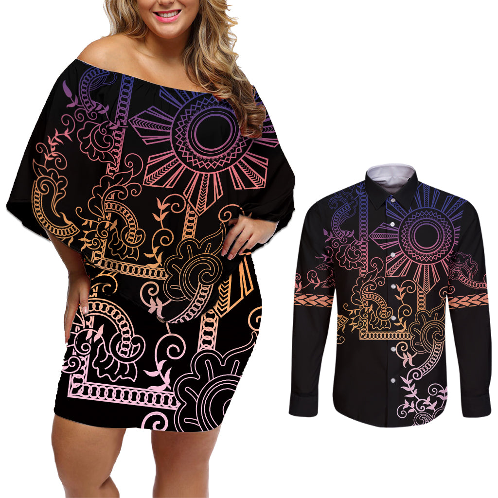 Filipino Sun Tribal Tattoo Couples Matching Off Shoulder Short Dress and Long Sleeve Button Shirt Philippines Inspired Barong Pink Art LT9 - Wonder Print Shop