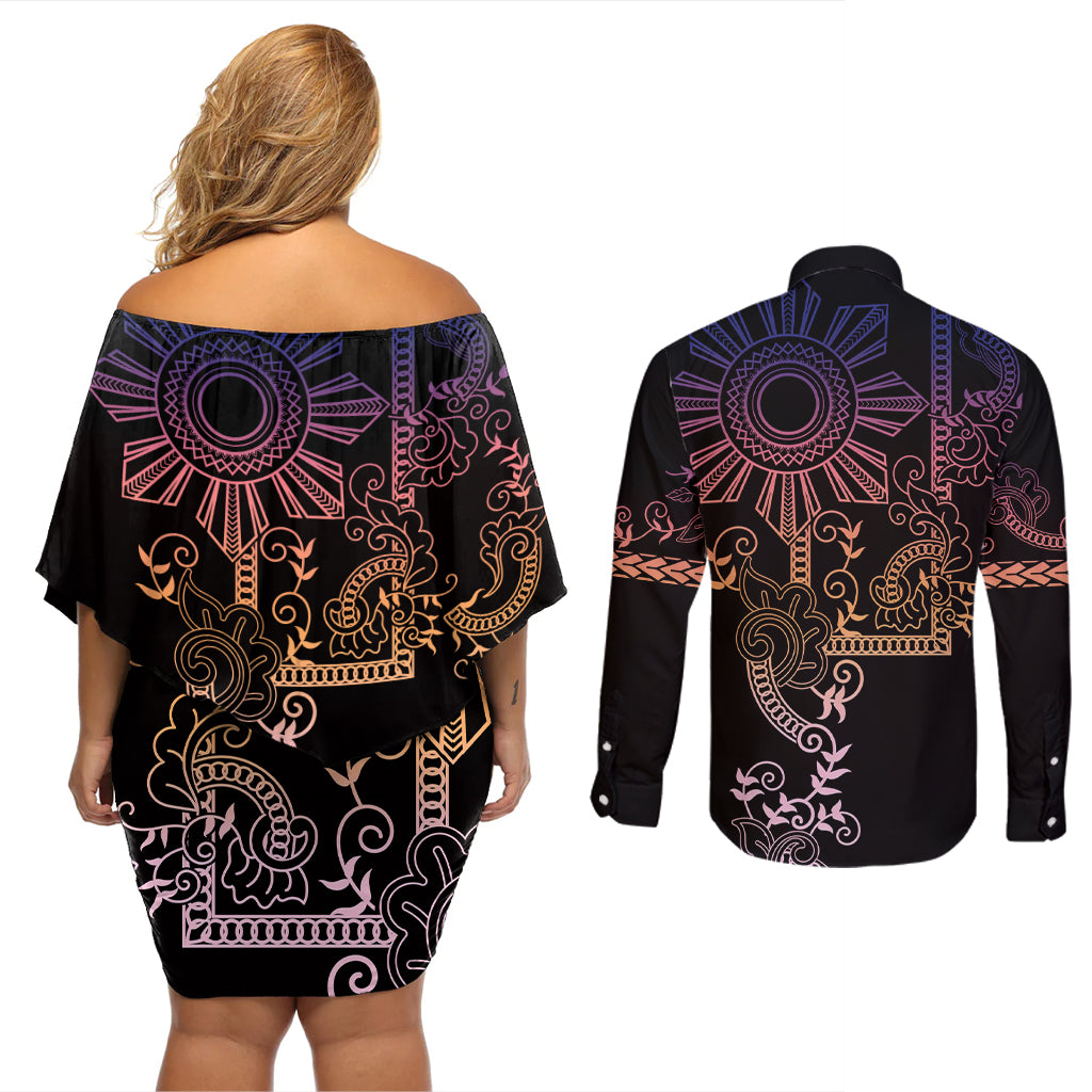 Filipino Sun Tribal Tattoo Couples Matching Off Shoulder Short Dress and Long Sleeve Button Shirt Philippines Inspired Barong Pink Art LT9 - Wonder Print Shop
